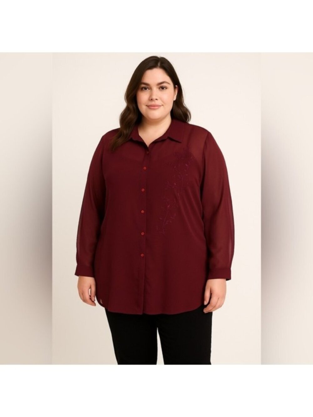 Huntington Ridge Plus Burgundy Sheer Embroidered Button-Front Blouse — Size 42